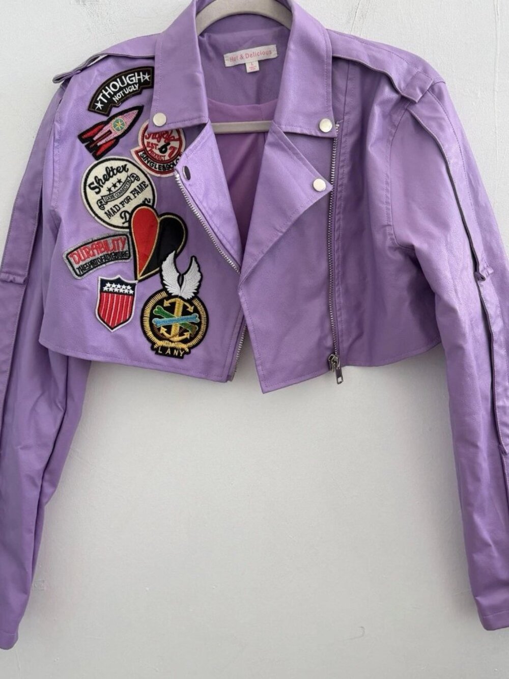 NEW Hot & Delicious Faux Leather Jacket LARGE Cropped Punk Biker Patches Moto
